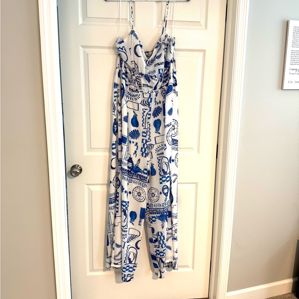 Fashion Nova Blue and White Printed Jumpsuit